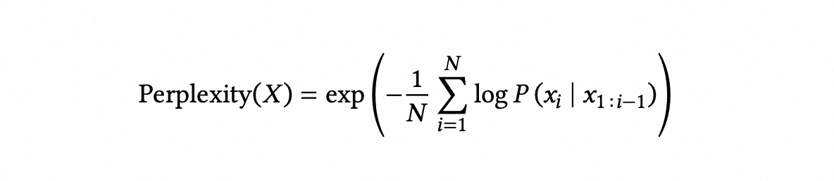 Image represents a mathematical formula for calculating Perplexity, labeled 'Perplexity(X)' on the left side. The formula is set equal to the exponential function, denoted by 'exp'. Inside the parentheses of the exponential function, there is a negative sign followed by a fraction '1/N', where N is an uppercase letter. This fraction is multiplied by a summation from i=1 to N. The term being summed is 'log P(x_i | x_{1:i-1})', which represents the logarithm of the conditional probability of the i-th element x_i given the preceding elements from x_1 to x_{i-1}. The entire sum multiplied by -1/N is the negative average log-likelihood of the sequence X. Therefore, the formula calculates the perplexity of a sequence X as the exponential of the negative average log-likelihood of that sequence according to a probability model P.