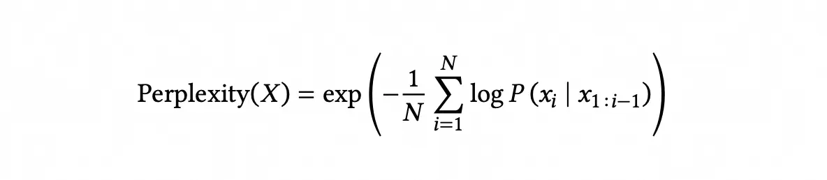Image represents a mathematical formula for calculating Perplexity, labeled 'Perplexity(X)' on the left side. The formula is set equal to the exponential function, denoted by 'exp'. Inside the parentheses of the exponential function, there is a negative sign followed by a fraction '1/N', where N is an uppercase letter. This fraction is multiplied by a summation from i=1 to N. The term being summed is 'log P(x_i | x_{1:i-1})', which represents the logarithm of the conditional probability of the i-th element x_i given the preceding elements from x_1 to x_{i-1}. The entire sum multiplied by -1/N is the negative average log-likelihood of the sequence X. Therefore, the formula calculates the perplexity of a sequence X as the exponential of the negative average log-likelihood of that sequence according to a probability model P.