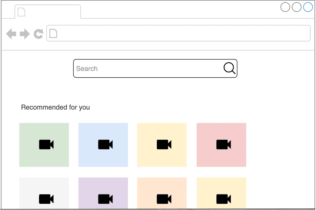 Image 1: Image represents a simplified mockup of a webpage interface. The top section displays standard browser controls: a back arrow, a forward arrow, a refresh button, a file upload icon, and a blank search bar with a magnifying glass icon to its right. Below the search bar, the text 'Recommended for you' precedes a grid of eight square thumbnails. Each thumbnail is a pastel color (light green, light blue, light yellow, light pink, white, light purple, cream, and pale yellow) and contains a black video camera icon, suggesting video content recommendations. The overall layout is clean and minimalistic, typical of a user interface focused on content display and search functionality. No URLs or specific parameters are visible.