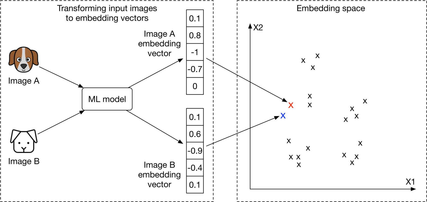 Image represents a machine learning model's process of transforming input images into embedding vectors and visualizing them in an embedding space. Two input images, labeled 'Image A' (a cartoon of a brown and white dog) and 'Image B' (a cartoon of a white dog), are fed into an 'ML model.' This model processes each image and outputs a corresponding embedding vector. These vectors are represented as numerical columns; Image A's vector shows values 0.1, 0.8, -1, -0.7, and 0, while Image B's vector displays 0.1, 0.6, -0.9, -0.4, and 0.1. The embedding vectors are then plotted in a two-dimensional 'Embedding space' with axes X1 and X2. Image A's embedding vector is plotted as a red 'x', and Image B's as a blue 'x'. Numerous other data points, represented by black 'x's, are also present in the embedding space, suggesting other images processed by the same model. The diagram illustrates how the ML model maps similar images (both dogs) to nearby points in the embedding space.
