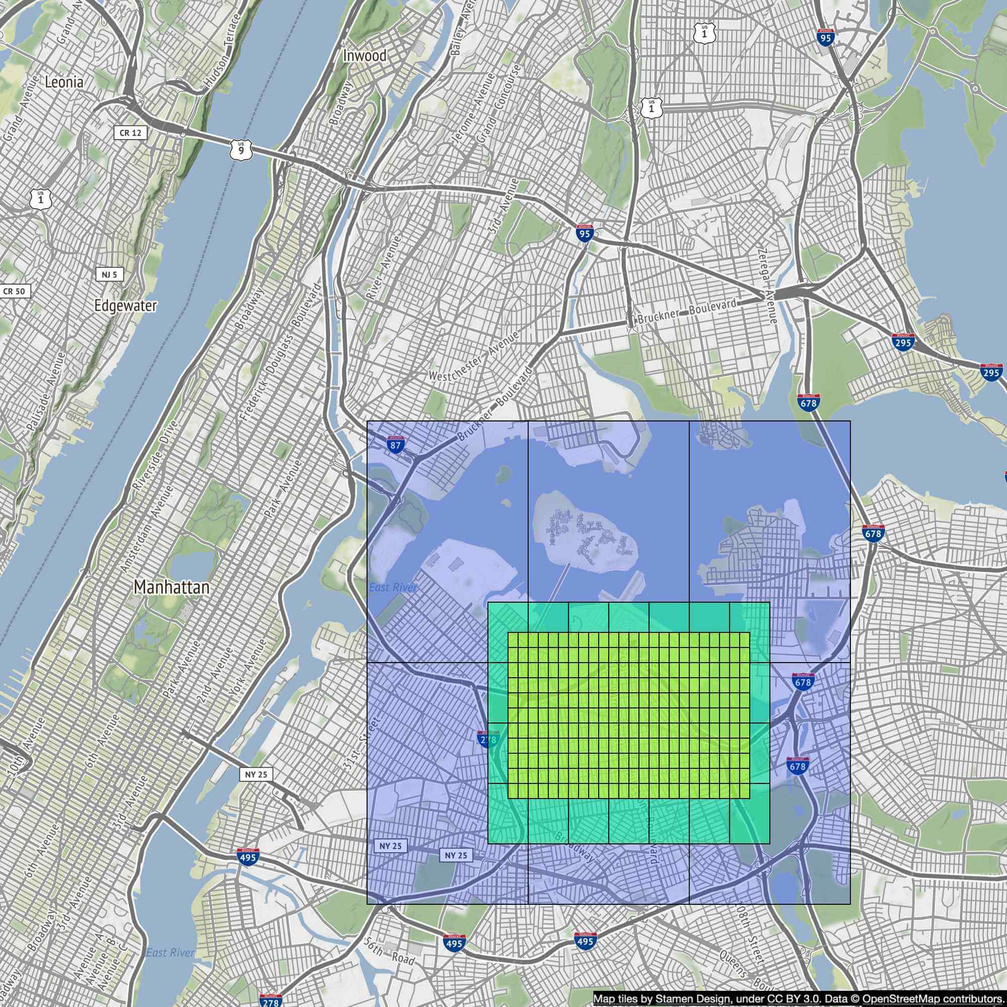 Image represents a map of a section of New York City, specifically focusing on a portion of Manhattan and its surrounding areas. The main area of interest is highlighted by a large, light-blue rectangular box encompassing parts of the East River, and several neighborhoods. Within this larger box, a smaller, lime-green rectangular area is further highlighted, subdivided into a grid of numerous smaller, equally sized squares. This grid likely represents a spatial partitioning scheme, perhaps for data organization or analysis. Major roadways and highways are clearly marked, including numbered routes such as US 9, I-95, I-278, I-495, and NY 25, along with other local streets and avenues. The map also includes labels for geographical features like the East River and neighborhoods such as Manhattan, Edgewater, and Inwood. The bottom right corner displays attribution information: 'Map tiles by Stamen Design, under CC BY 3.0. Data © OpenStreetMap contributors,' indicating the source of the map data and its licensing.