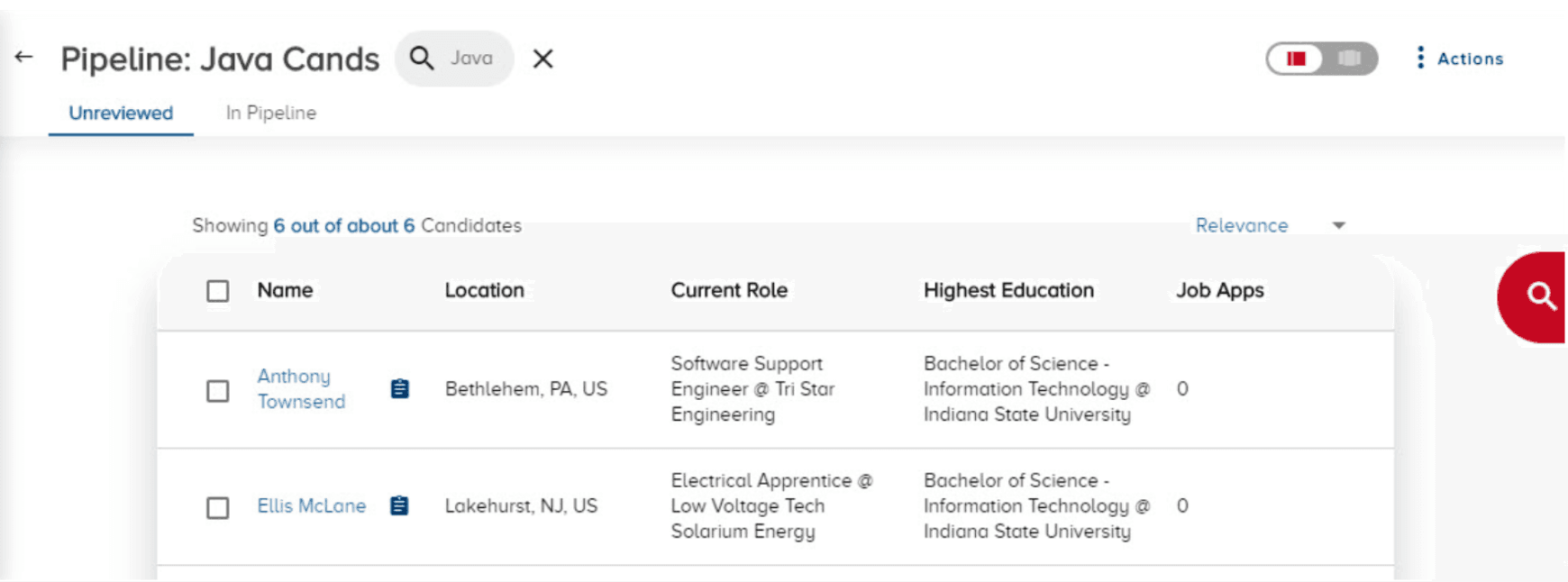 Image represents a candidate pipeline interface, likely from an applicant tracking system (ATS), displaying a list of candidates filtered for 'Java' skills. The top section shows the pipeline title 'Pipeline: Java Cands,' a search bar with 'Java' entered and a close button (X), and tabs for 'Unreviewed' and 'In Pipeline' candidates. Below, it displays 'Showing 6 out of about 6 Candidates.' The main body presents a table with checkboxes for candidate selection, columns for 'Name,' 'Location,' 'Current Role,' 'Highest Education,' and 'Job Apps.' Two candidates are shown: Anthony Townsend from Bethlehem, PA, US, a Software Support Engineer at Tri Star Engineering with a Bachelor of Science in Information Technology from Indiana State University and zero job applications; and Ellis McLane from Lakehurst, NJ, US, an Electrical Apprentice at Low Voltage Tech Solarium Energy, also with a Bachelor of Science in Information Technology from Indiana State University and zero job applications. A dropdown menu labeled 'Relevance' allows sorting, and a large magnifying glass icon suggests further search functionality. A toggle switch and an 'Actions' menu are present in the top right corner. Each candidate row includes a small icon resembling a document, possibly indicating additional information.
